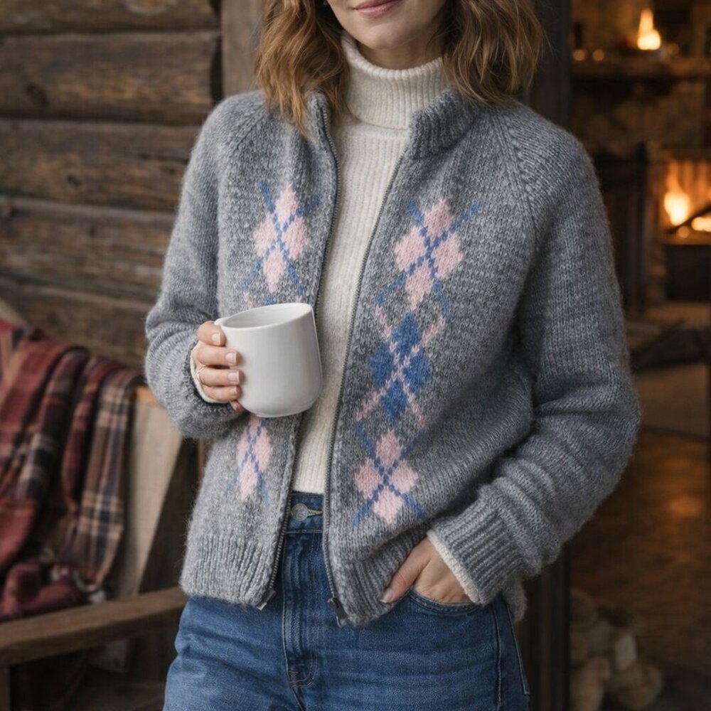 Handmade Womens Size M‎  Argyle Knit Zip Cardigan Gray Pink Blue Cozy Vintage